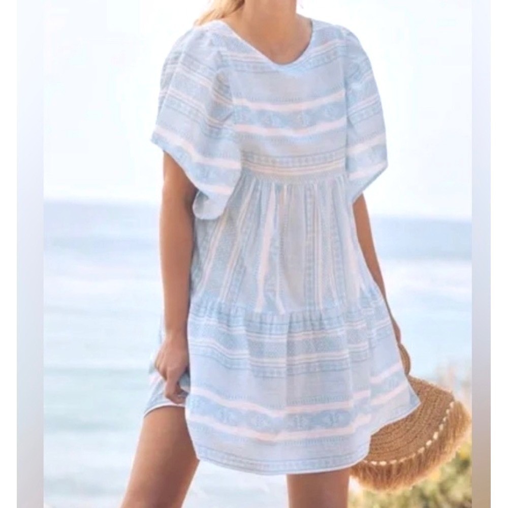Maeve Anthropologie Tiered Mini Dress Geometric Coastal Print Womens XS Blue